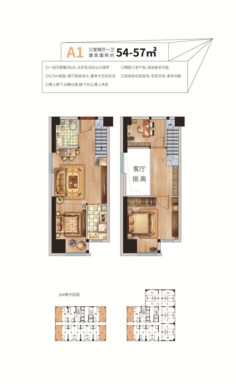 榮盛·領(lǐng)寓A1戶型 54-57㎡