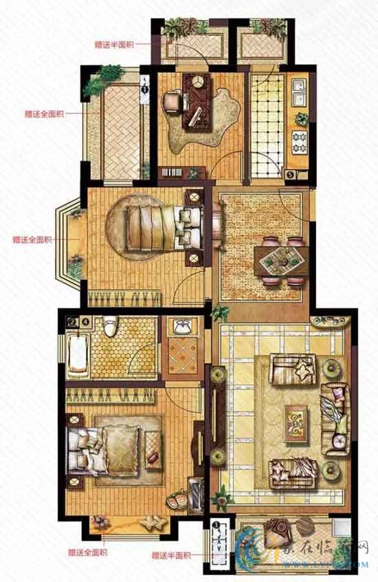 伊麗莎白·東岸E戶型/建筑面積約113㎡ 三室兩廳一廚一衛(wèi)