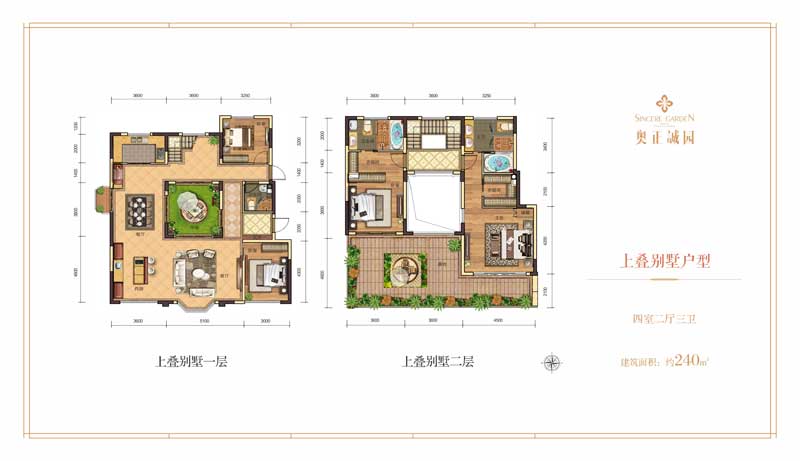 奧正誠園上疊別墅戶型 四室兩廳三衛(wèi) 約240㎡